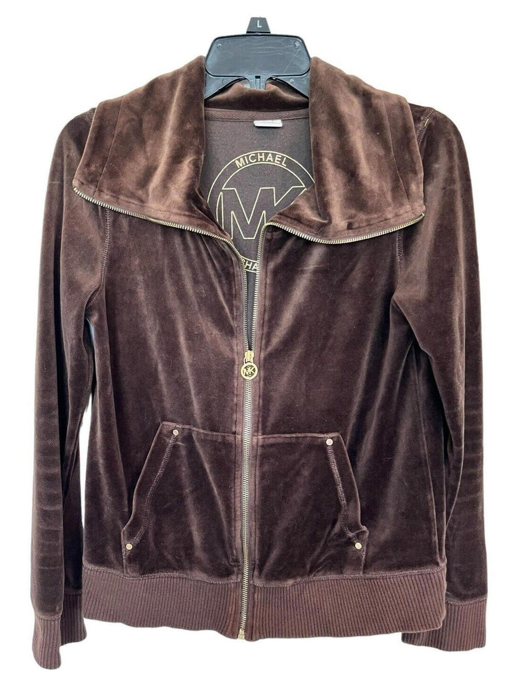 MICHAEL KORS Velour Brown Track Jacket Womens Sz M Full Zip High Neck